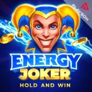 Energy Joker slot game featuring a smiling jester with blue and yellow colors and golden coins